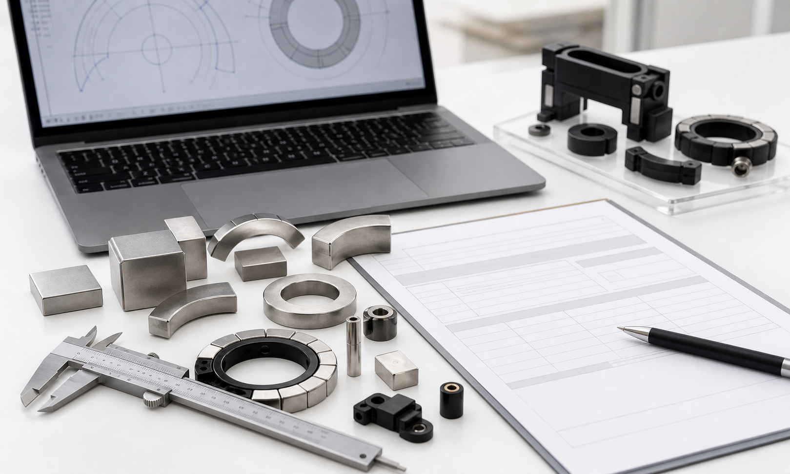 Contact intake desk with magnet samples, CAD reference, calipers, and a blank notes form