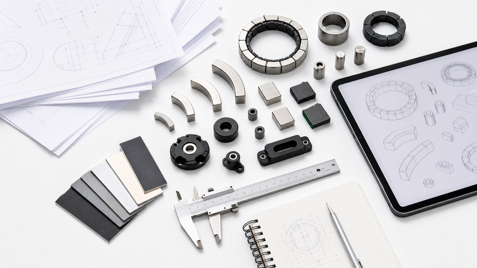 Magnet design samples, drawings, and inspection tools on an engineering desk